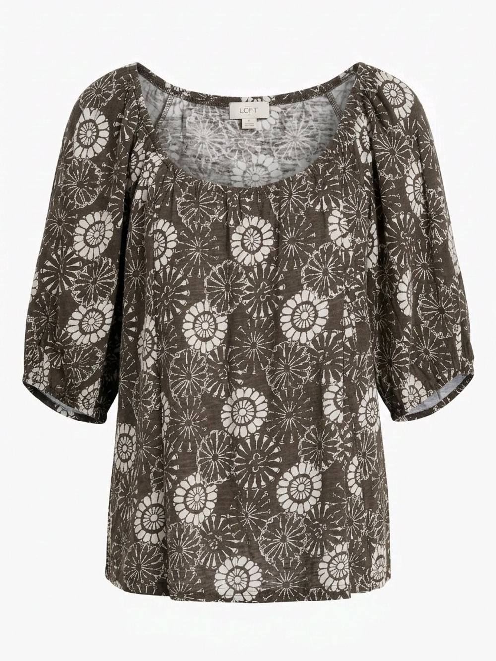 LOFT Olive Green Floral Medallion Puff Sleeve 100% Cotton Blouse - Large EUC
